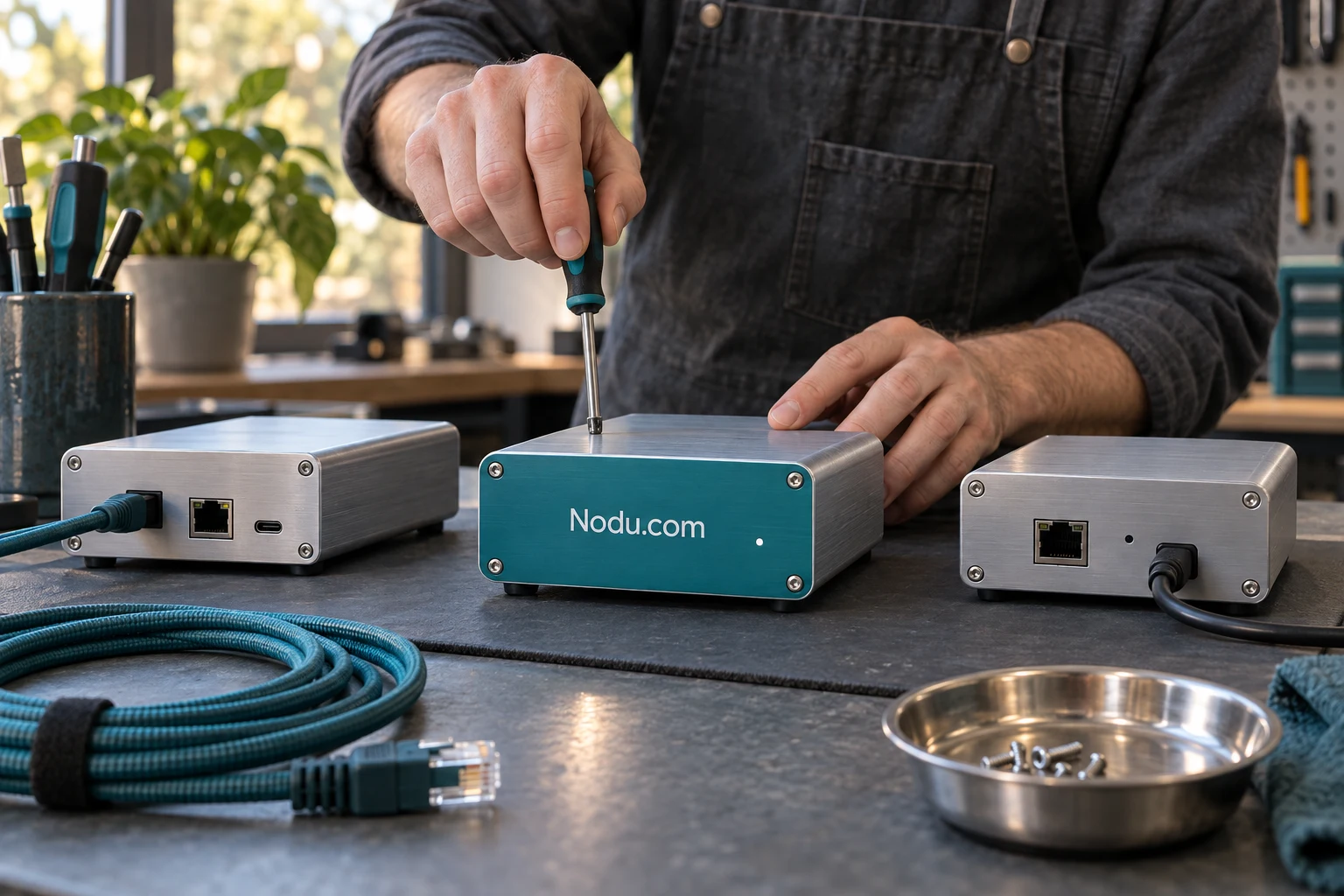 A technician reviewing connected equipment with a Nodu.com device label.