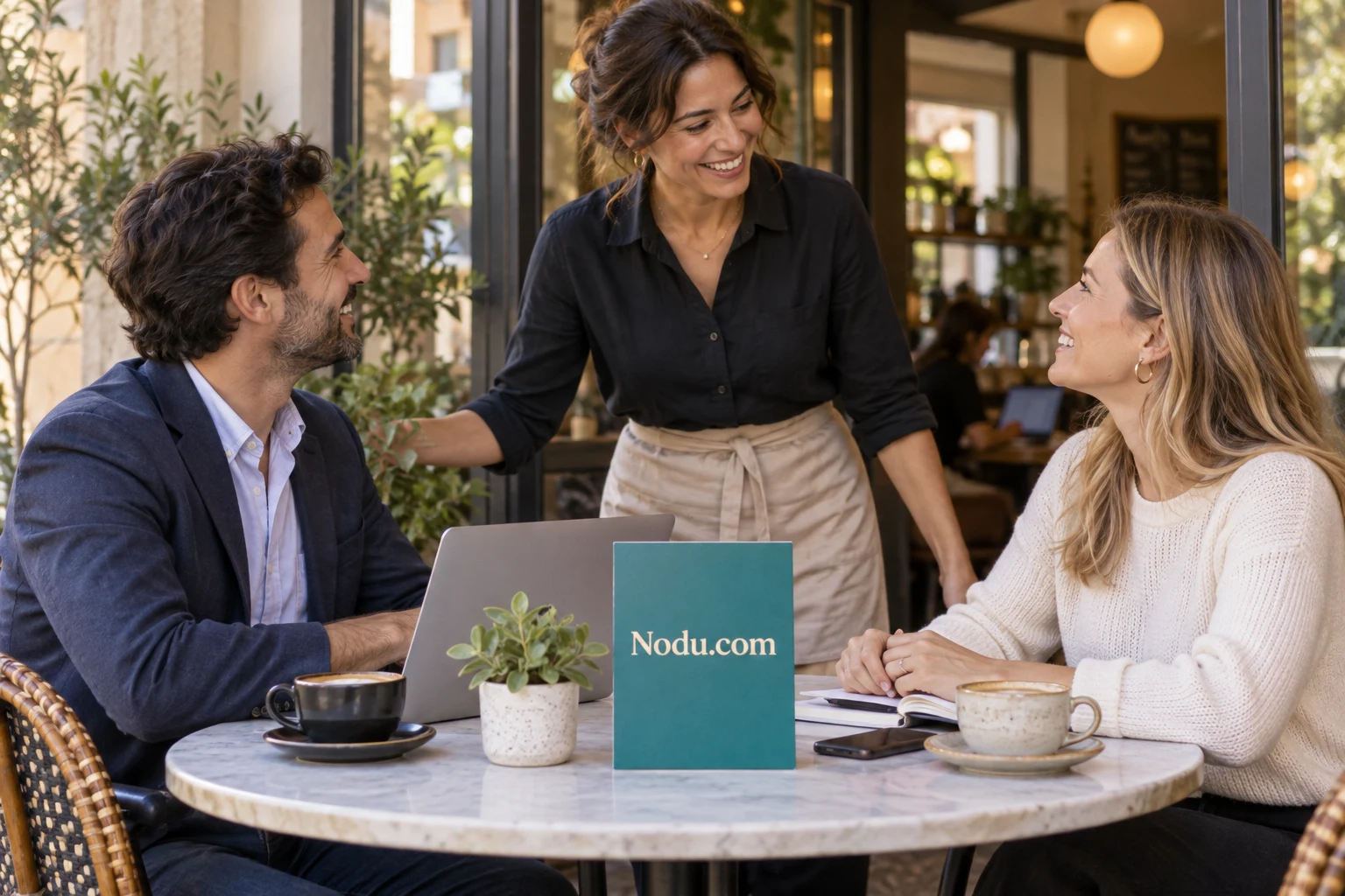 Professionals gathered for a considered introduction, with Nodu.com on a tabletop card.